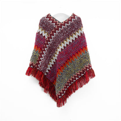 Wine red Lightweight Chevron Knit Poncho for Women - Elegant Fringed Shawl Wrap V888-ELOSUNG31052