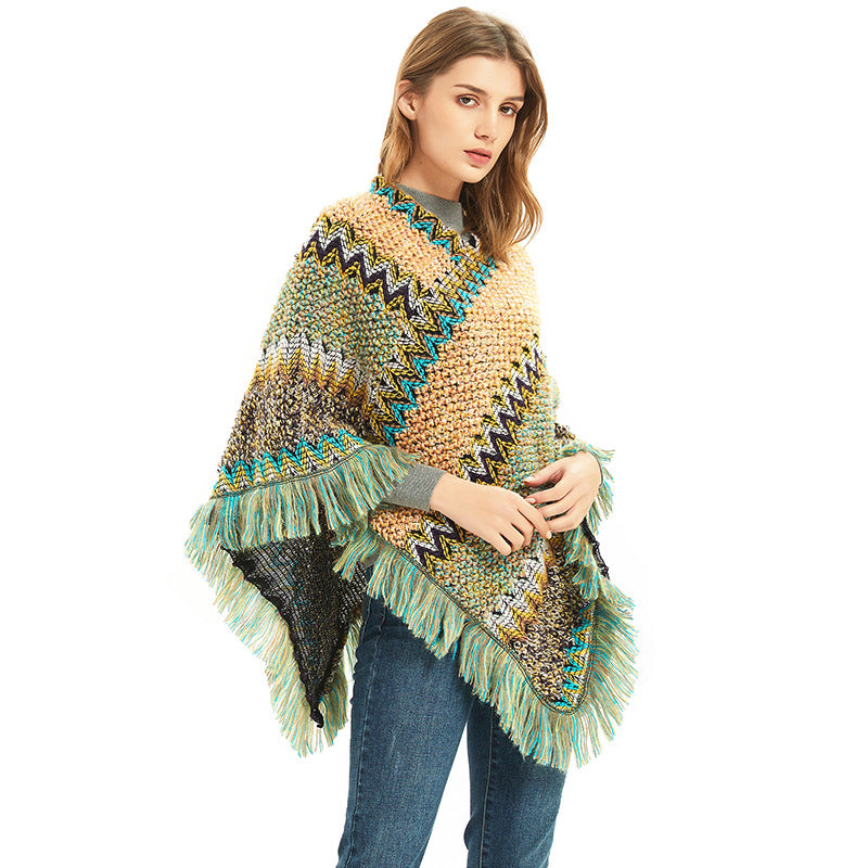 Light yellow-green Lightweight Chevron Knit Poncho for Women - Elegant Fringed Shawl Wrap V888-ELOSUNG31053