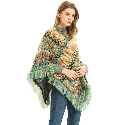 Light yellow-green Lightweight Chevron Knit Poncho for Women - Elegant Fringed Shawl Wrap V888-ELOSUNG31053