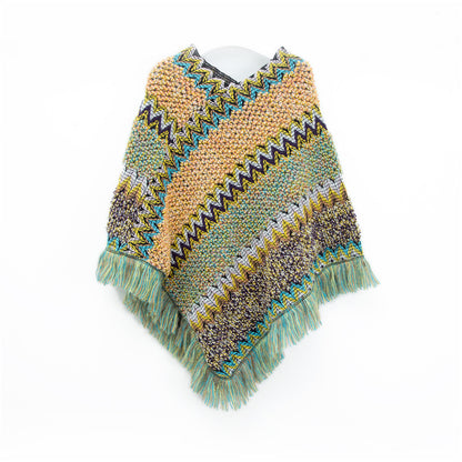 Light yellow-green Lightweight Chevron Knit Poncho for Women - Elegant Fringed Shawl Wrap V888-ELOSUNG31053