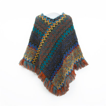 Navy blue Lightweight Chevron Knit Poncho for Women - Elegant Fringed Shawl Wrap V888-ELOSUNG31054