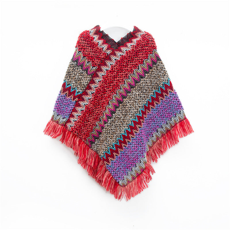 Red Lightweight Chevron Knit Poncho for Women - Elegant Fringed Shawl Wrap V888-ELOSUNG31055