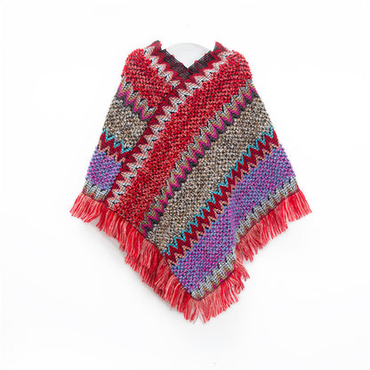 Red Lightweight Chevron Knit Poncho for Women - Elegant Fringed Shawl Wrap V888-ELOSUNG31055