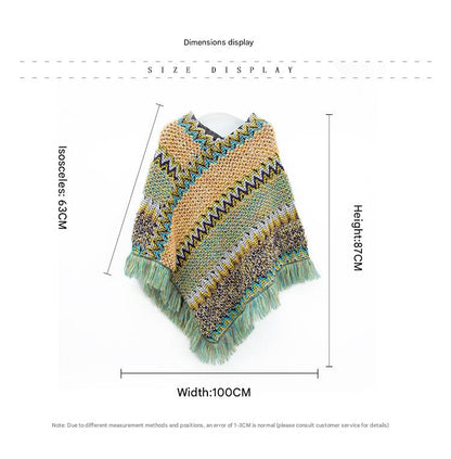 Red Lightweight Chevron Knit Poncho for Women - Elegant Fringed Shawl Wrap V888-ELOSUNG31055