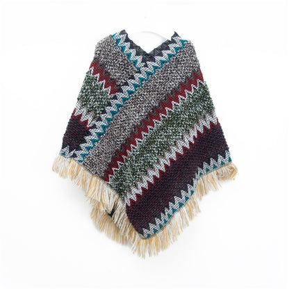 Brown Lightweight Chevron Knit Poncho for Women - Elegant Fringed Shawl Wrap V888-ELOSUNG31056