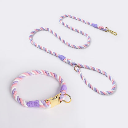 Handmade Gradient Rope Dog Collar & Leash Set - Colorful Braided Cotton (Pink purple - Size S) V888-ELOSUNG31077