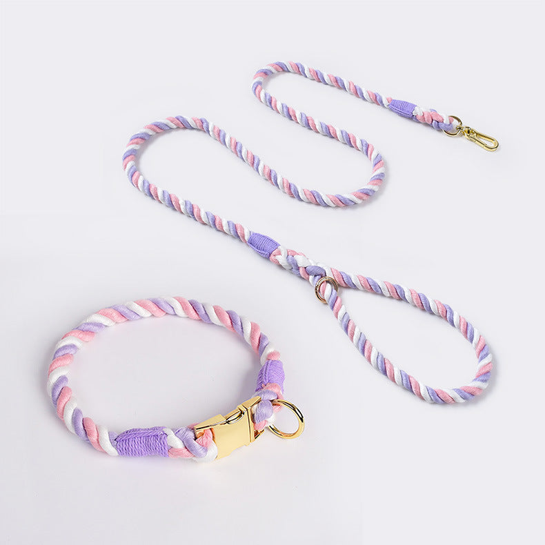 Handmade Gradient Rope Dog Collar & Leash Set - Colorful Braided Cotton (Pink purple - Size M) V888-ELOSUNG31084