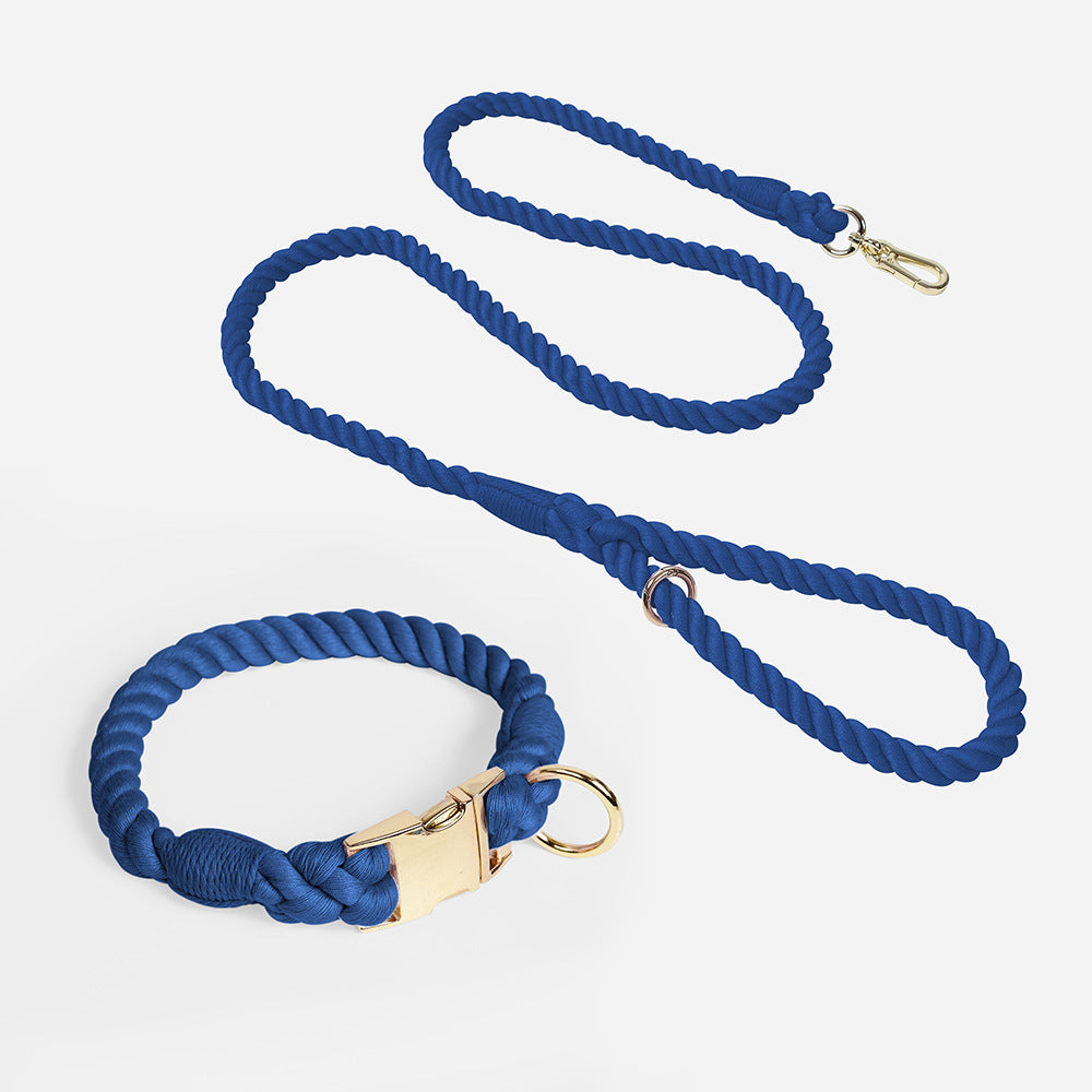 Handmade Gradient Rope Dog Collar & Leash Set - Colorful Braided Cotton (Navy blue - Size M) V888-ELOSUNG31087