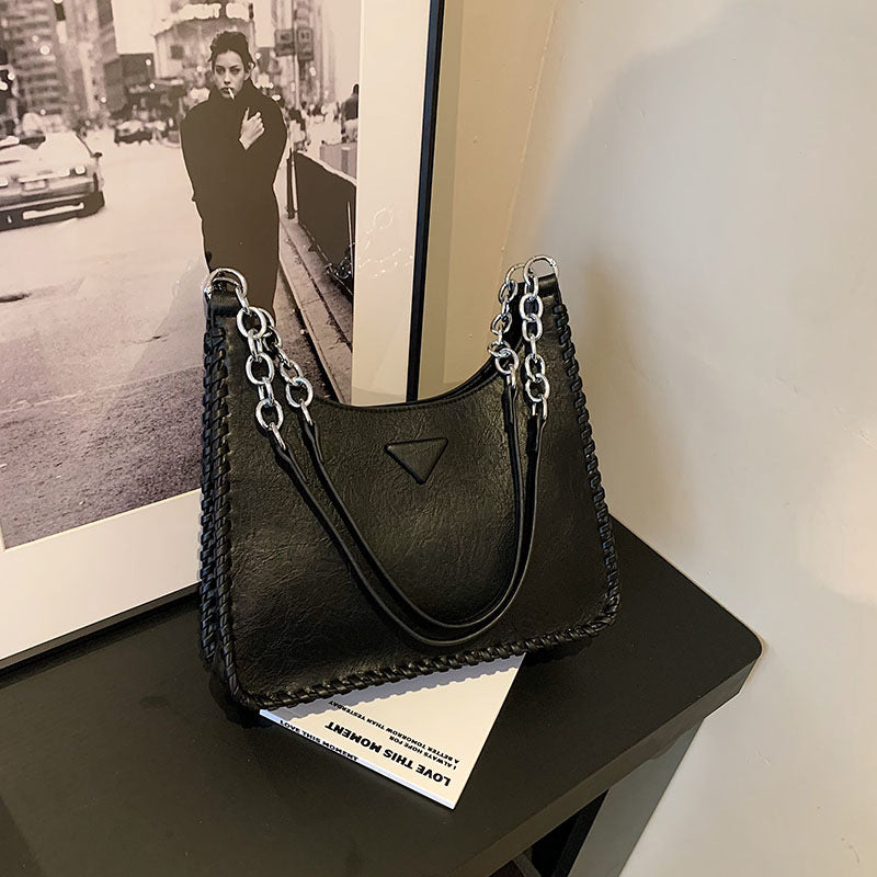 Black Chic PU Leather Shoulder Bag with Chain Strap & Whipstitch Detail V888-ELOSUNG31100