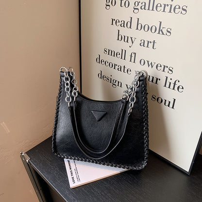 Black Chic PU Leather Shoulder Bag with Chain Strap & Whipstitch Detail V888-ELOSUNG31100