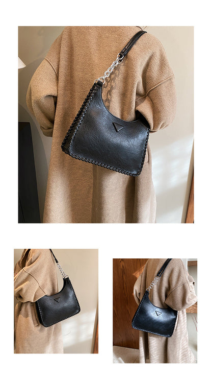 Black Chic PU Leather Shoulder Bag with Chain Strap & Whipstitch Detail V888-ELOSUNG31100