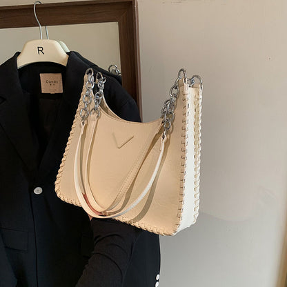 Beige Chic PU Leather Shoulder Bag with Chain Strap & Whipstitch Detail V888-ELOSUNG31101