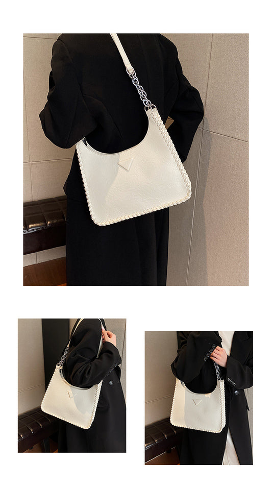 Beige Chic PU Leather Shoulder Bag with Chain Strap & Whipstitch Detail V888-ELOSUNG31101