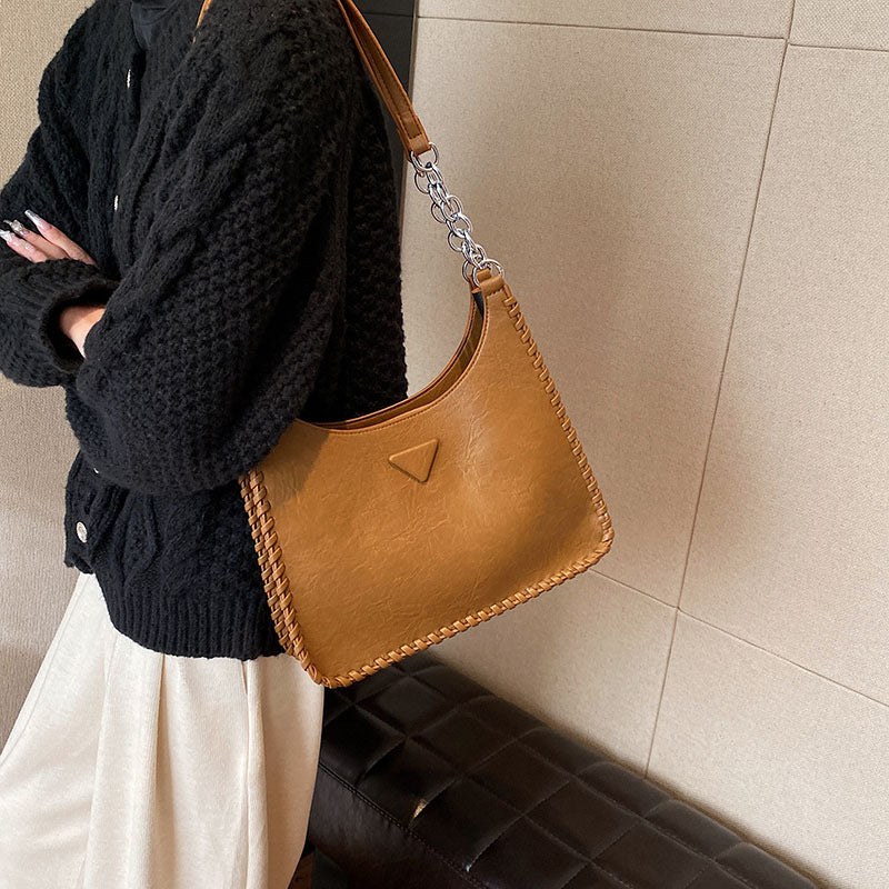 Brown Chic PU Leather Shoulder Bag with Chain Strap & Whipstitch Detail V888-ELOSUNG31102