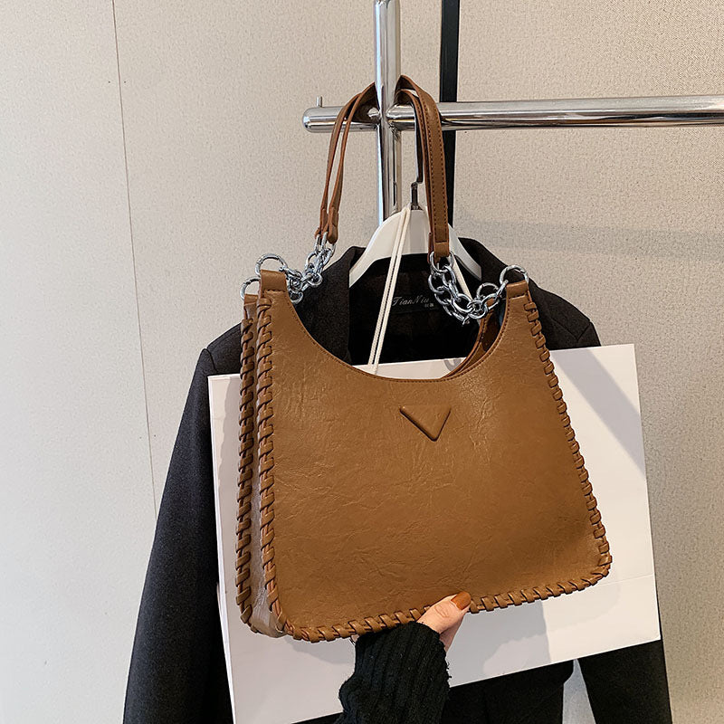 Brown Chic PU Leather Shoulder Bag with Chain Strap & Whipstitch Detail V888-ELOSUNG31102