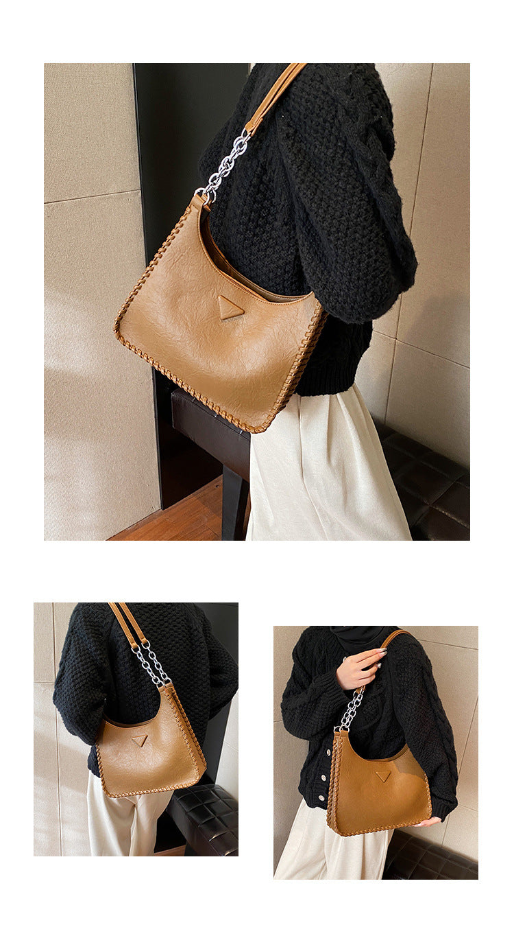 Brown Chic PU Leather Shoulder Bag with Chain Strap & Whipstitch Detail V888-ELOSUNG31102