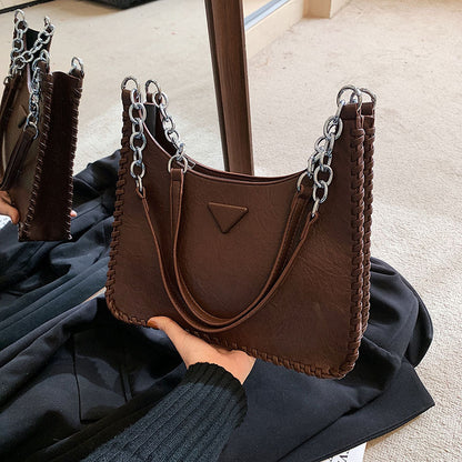 Coffee Chic PU Leather Shoulder Bag with Chain Strap & Whipstitch Detail V888-ELOSUNG31103