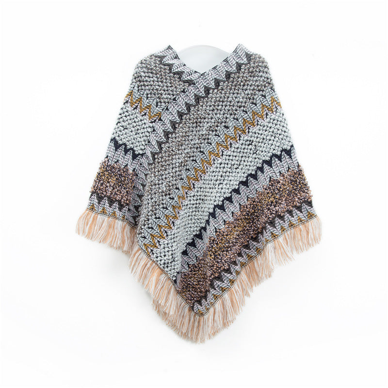 Gray Lightweight Chevron Knit Poncho for Women - Elegant Fringed Shawl Wrap V888-ELOSUNG31111