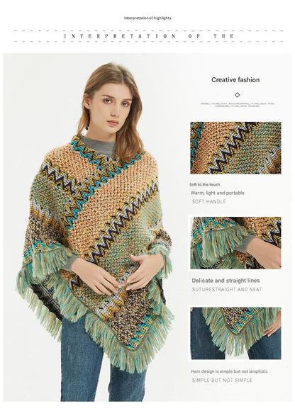Gray Lightweight Chevron Knit Poncho for Women - Elegant Fringed Shawl Wrap V888-ELOSUNG31111