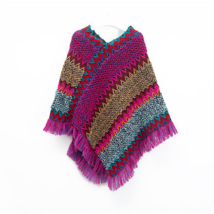 Rose red Lightweight Chevron Knit Poncho for Women - Elegant Fringed Shawl Wrap V888-ELOSUNG31112