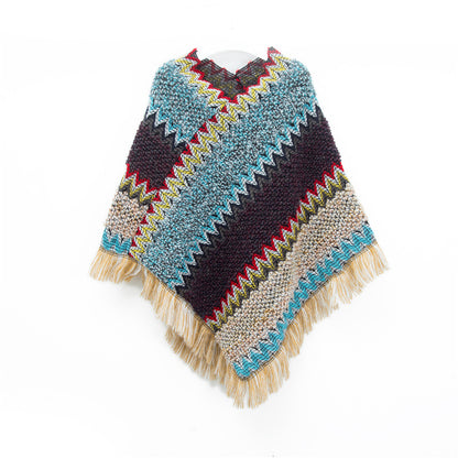 Blue Lightweight Chevron Knit Poncho for Women - Elegant Fringed Shawl Wrap V888-ELOSUNG31113