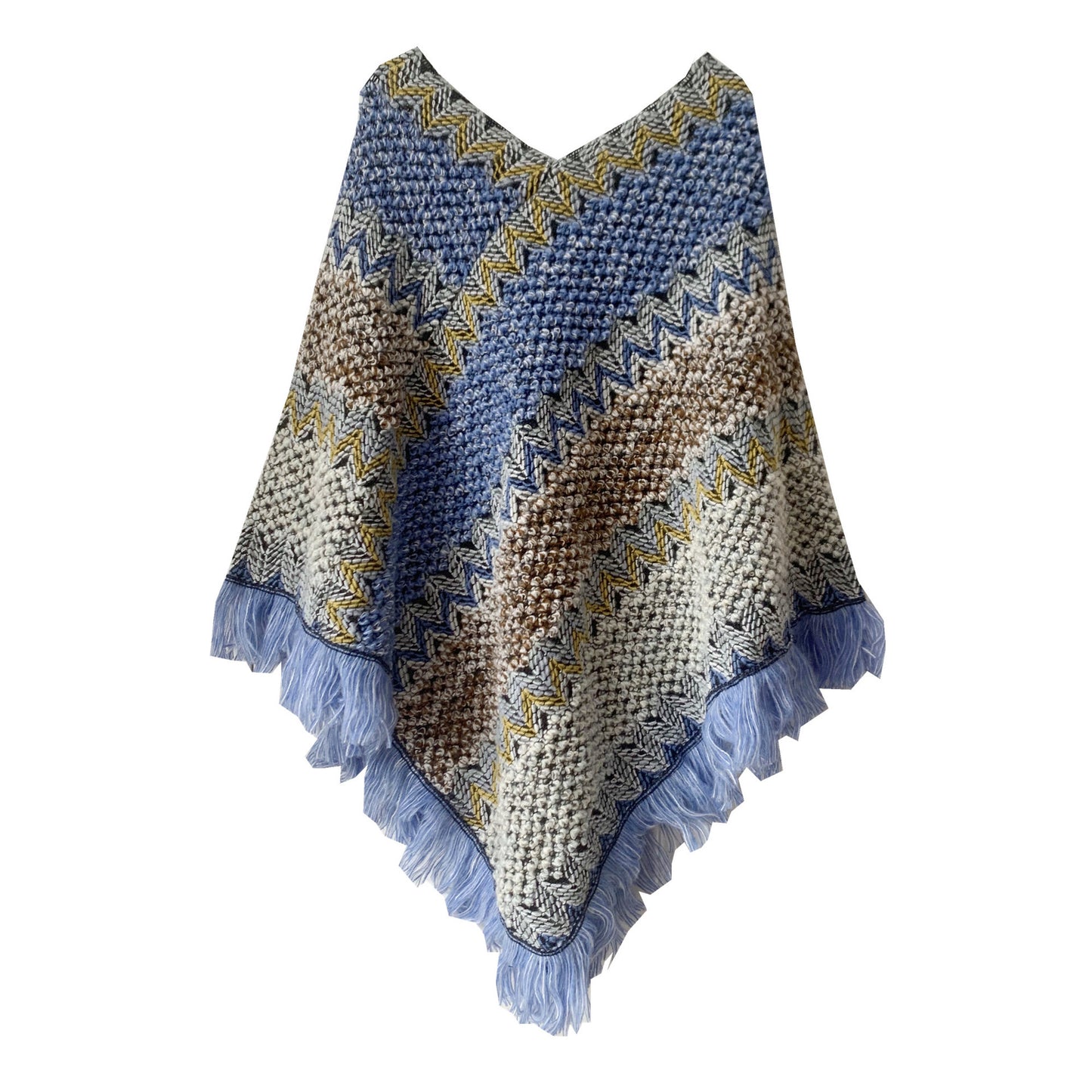 Blue brown Lightweight Chevron Knit Poncho for Women - Elegant Fringed Shawl Wrap V888-ELOSUNG31115