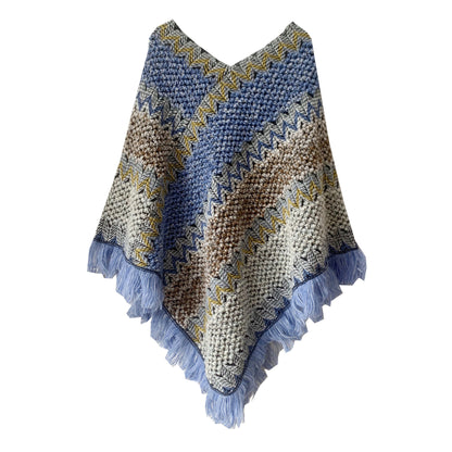 Blue brown Lightweight Chevron Knit Poncho for Women - Elegant Fringed Shawl Wrap V888-ELOSUNG31115