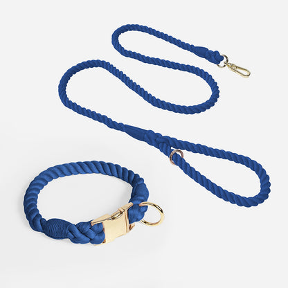 Handmade Rope Dog Collar and Leash Set - Colorful Woven Cotton (Navy blue - Size L) V888-ELOSUNG31172
