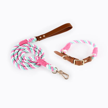 Premium Leather Pet Collar and Leash - Soft, Strong Braided Rope (Pink green - Size L) V888-ELOSUNG31175