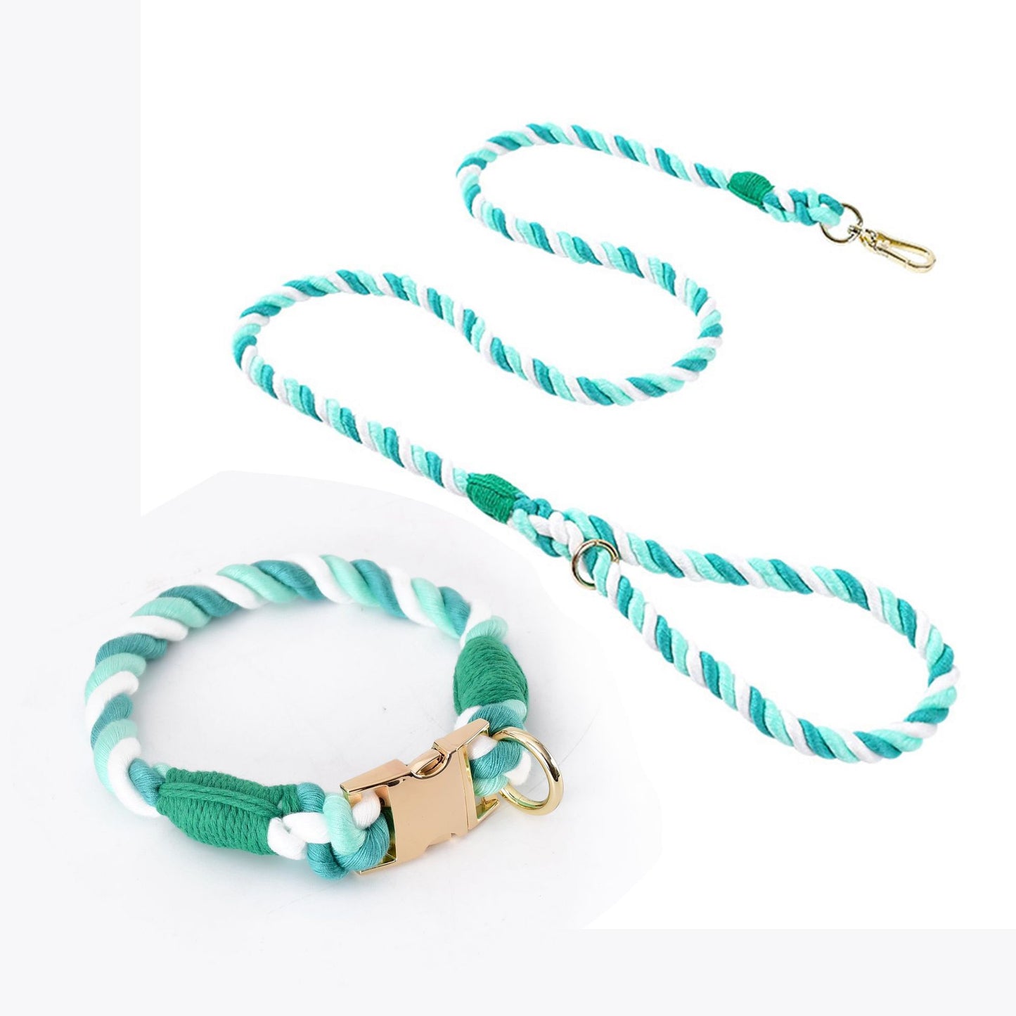 Handmade Rope Dog Collar and Leash Set - Colorful Woven Cotton (Light green - Size XL) V888-ELOSUNG31193
