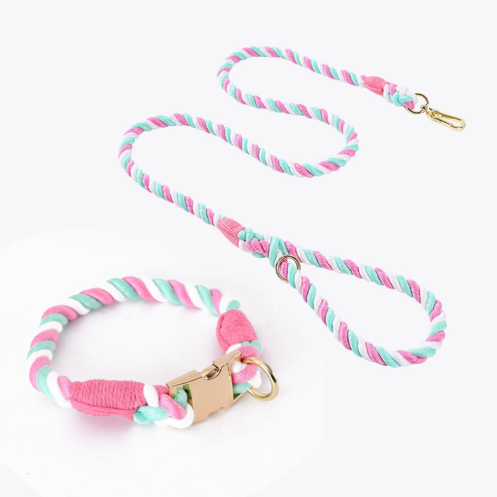 Handmade Rope Dog Collar and Leash Set - Colorful Woven Cotton (Pink - Size XL) V888-ELOSUNG31196