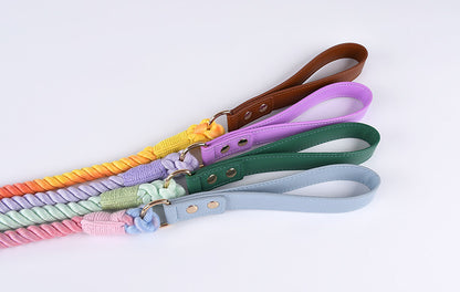 Premium Leather Pet Collar and Leash - Soft, Strong Braided Rope (Pink Purple - Size M) V888-ELOSUNG31213