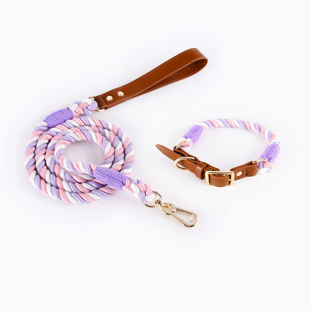 Premium Leather Pet Collar and Leash - Soft, Strong Braided Rope (Pink Purple - Size L) V888-ELOSUNG31214