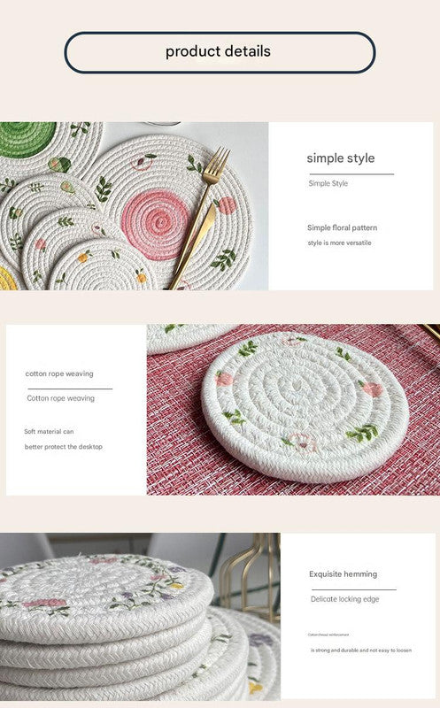 (Flowers) Cotton Rope Woven Placemats - Set of 5, 18cm Diameter Heat Resistant Kitchen Decor V888-ELOSUNG31232