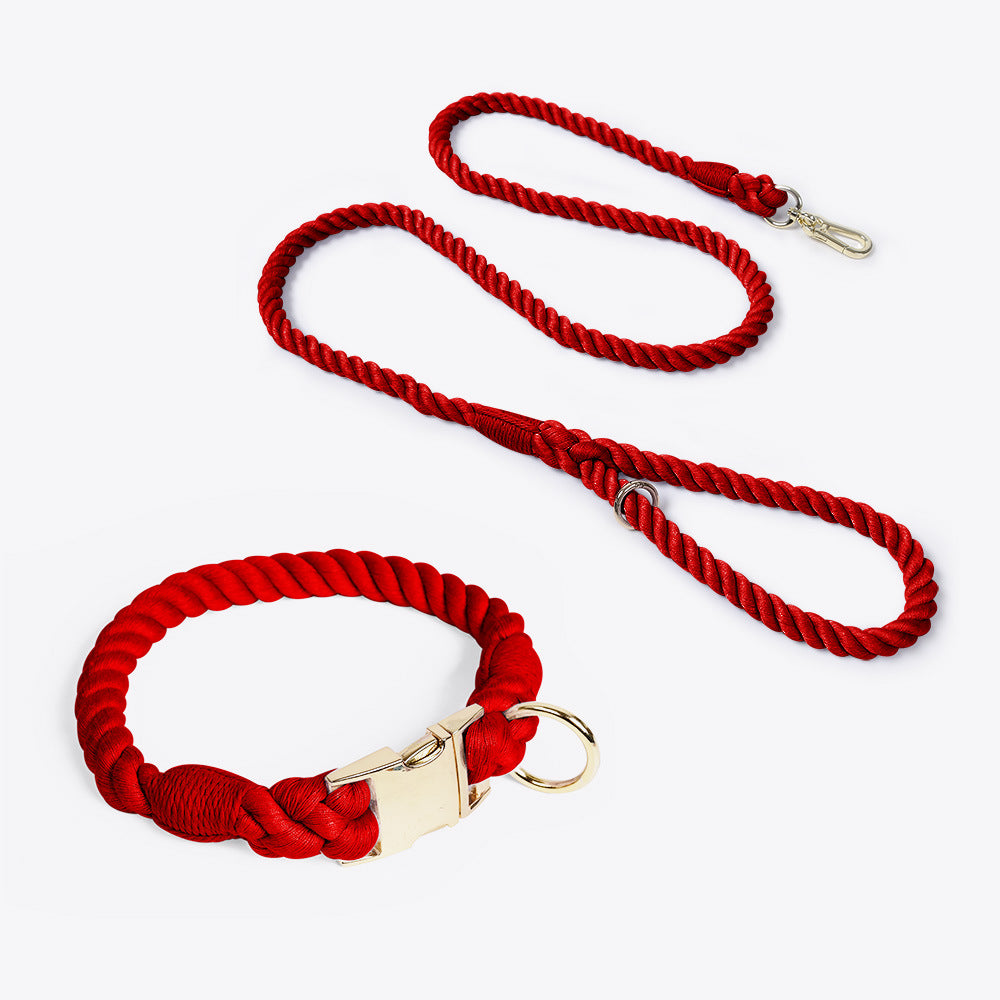 Handmade Rope Dog Collar and Leash Set - Colorful Woven Cotton Cotton (Wine red - Size S) V888-ELOSUNG31243