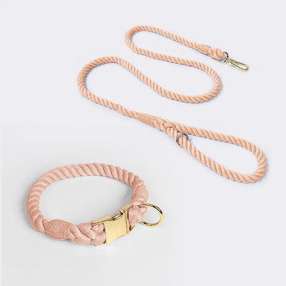 Handmade Rope Dog Collar and Leash Set - Colorful Woven Cotton Cotton (Leather pink - Size S) V888-ELOSUNG31261