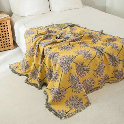 Yellow & Purple Floral Woven Throw Blanket - Chic Botanical Print with Tassels, Cotton Blend Sofa & Bed Cover V888-ELOSUNG32001