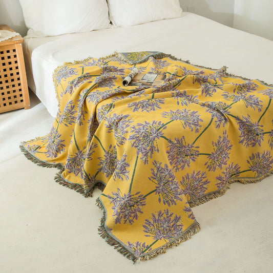 Yellow & Purple Floral Woven Throw Blanket - Chic Botanical Print with Tassels, Cotton Blend Sofa & Bed Cover V888-ELOSUNG32001