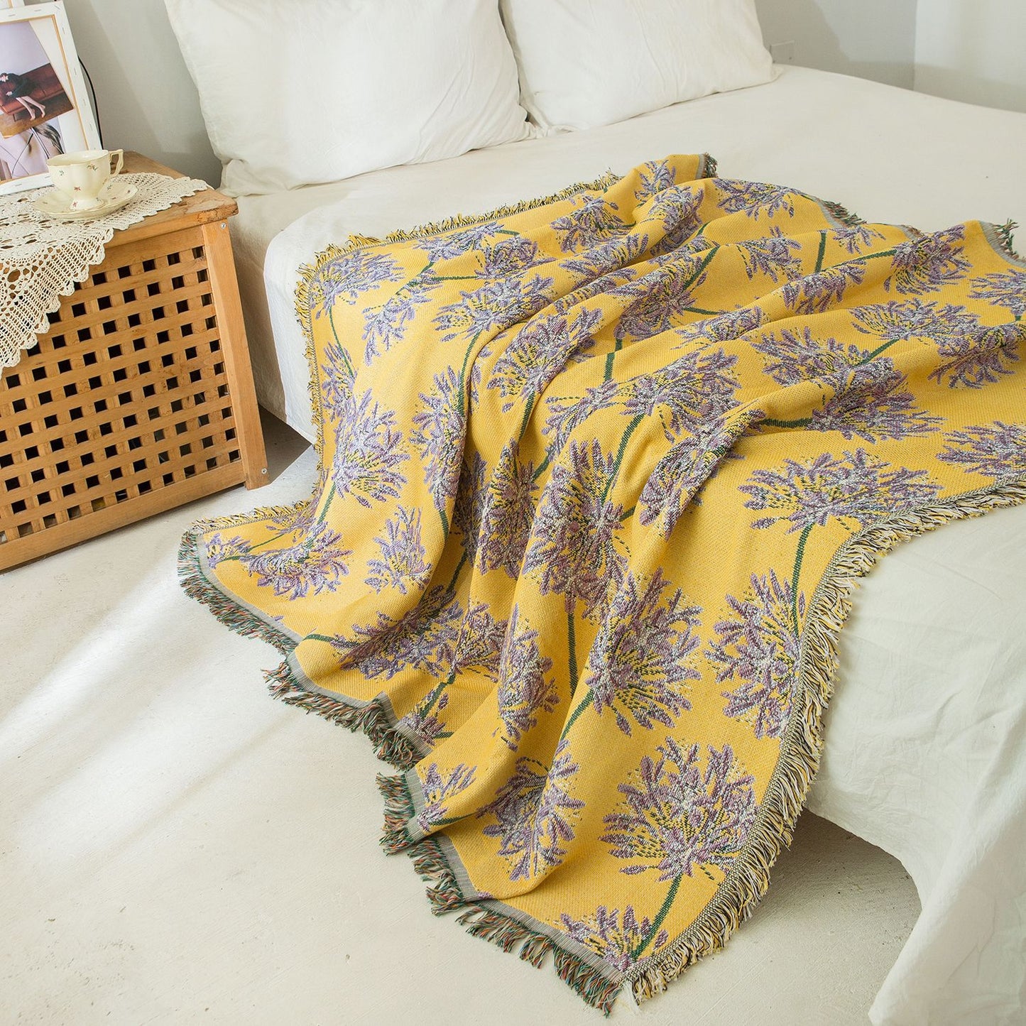 Yellow & Purple Floral Woven Throw Blanket - Chic Botanical Print with Tassels, Cotton Blend Sofa & Bed Cover V888-ELOSUNG32001