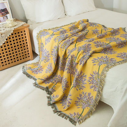 Yellow & Purple Floral Woven Throw Blanket - Chic Botanical Print with Tassels, Cotton Blend Sofa & Bed Cover V888-ELOSUNG32001