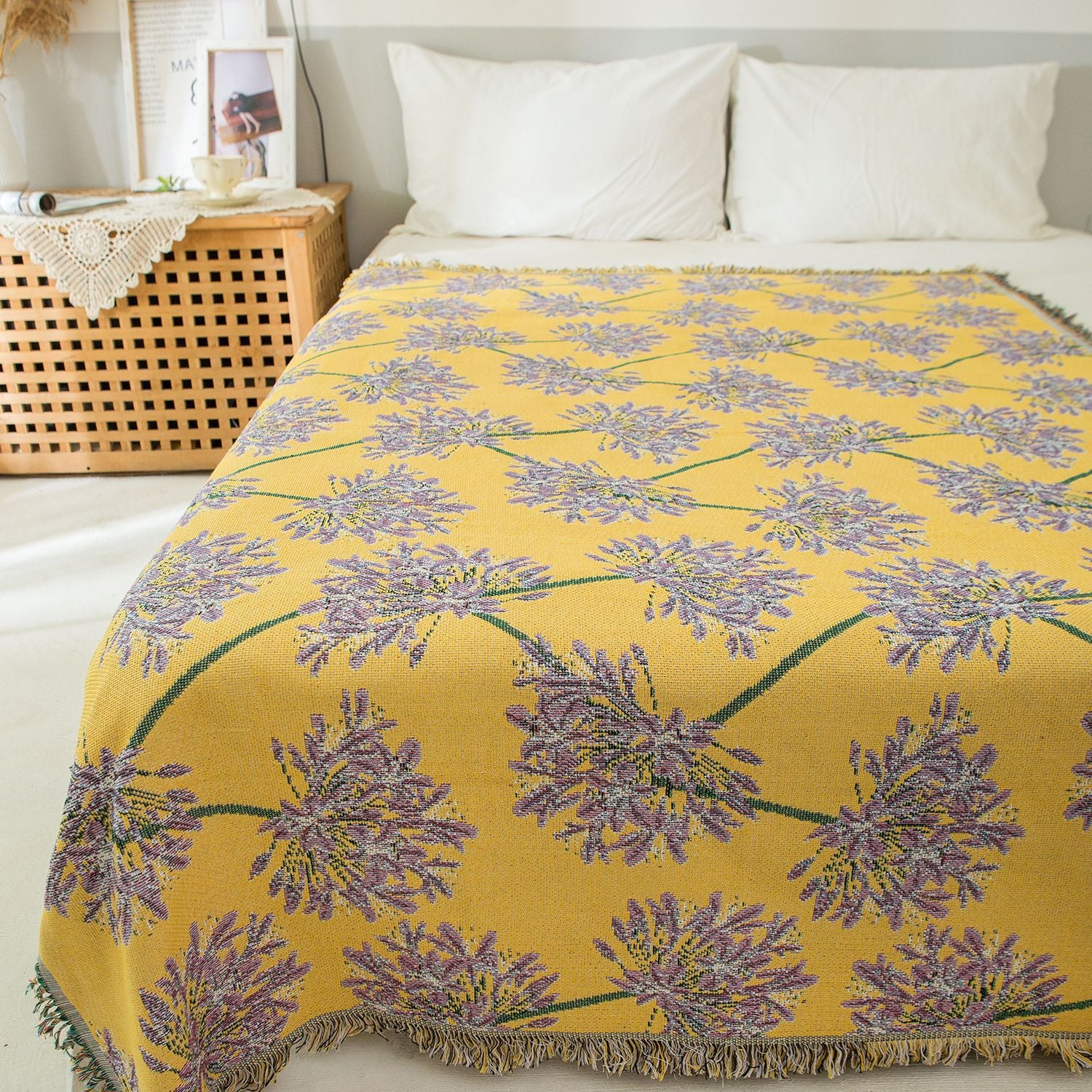 Yellow & Purple Floral Woven Throw Blanket - Chic Botanical Print with Tassels, Cotton Blend Sofa & Bed Cover V888-ELOSUNG32001