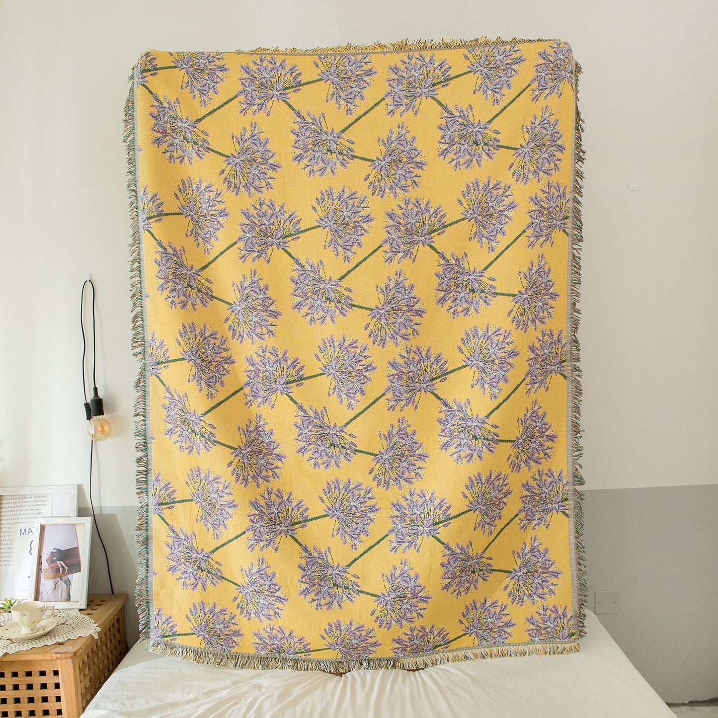 Yellow & Purple Floral Woven Throw Blanket - Chic Botanical Print with Tassels, Cotton Blend Sofa & Bed Cover V888-ELOSUNG32001