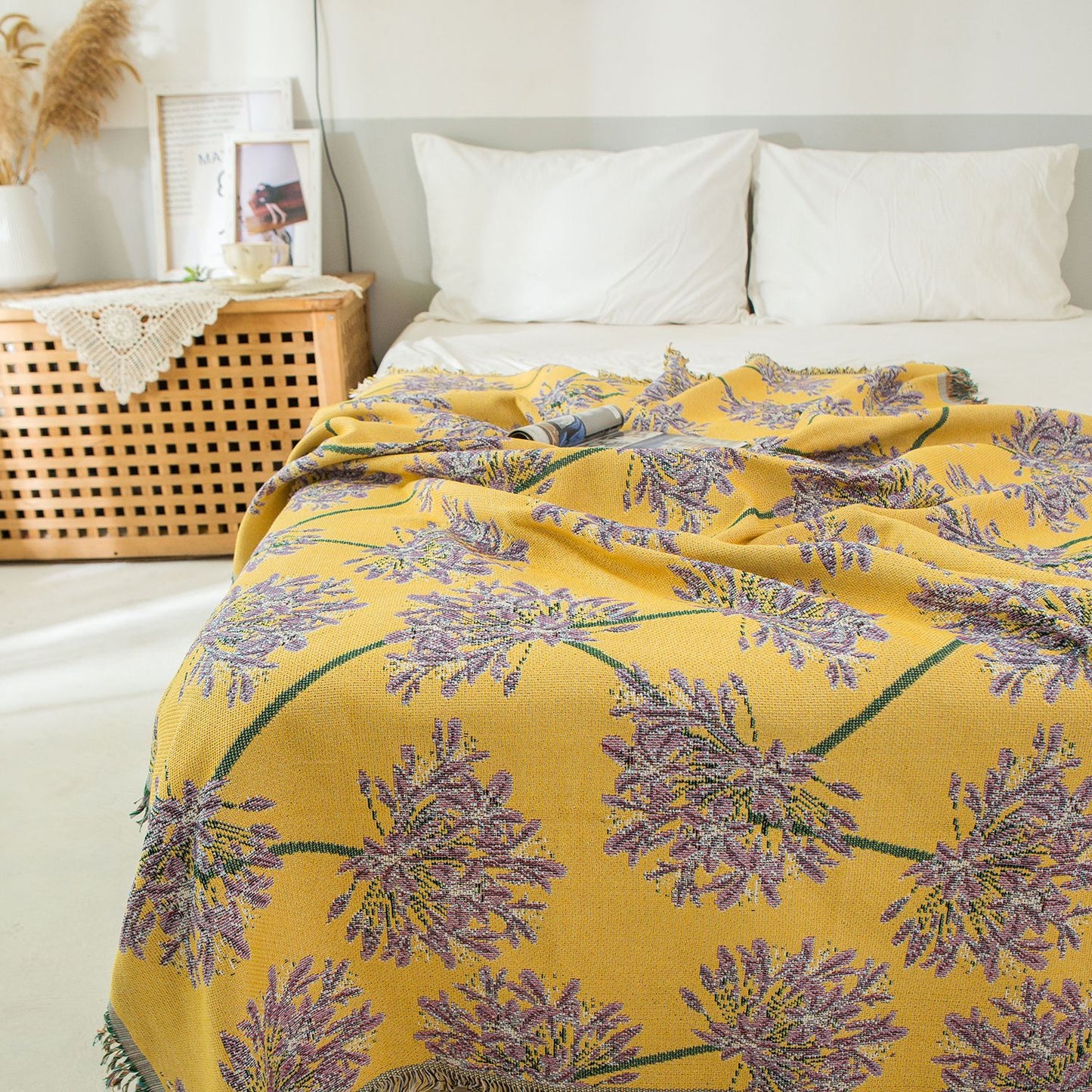 Yellow & Purple Floral Woven Throw Blanket - Chic Botanical Print with Tassels, Cotton Blend Sofa & Bed Cover V888-ELOSUNG32001
