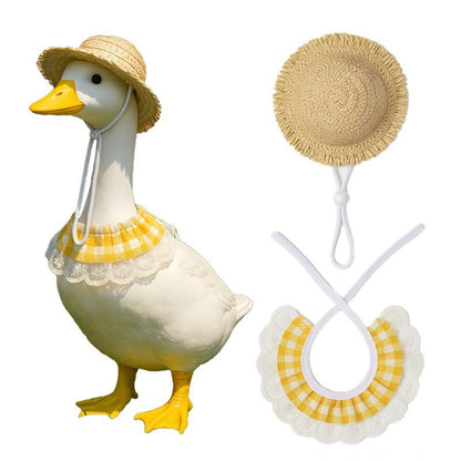Khaki and Yellow 2 Sets Adorable Porch Goose & Small Pet Costume Set - 2 Summer Straw Hat & 2 Gingham Bib V888-ELOSUNG32002