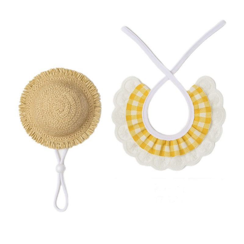 Khaki and Yellow 2 Sets Adorable Porch Goose & Small Pet Costume Set - 2 Summer Straw Hat & 2 Gingham Bib V888-ELOSUNG32002