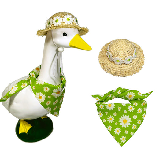 2 Sets Khaki and Green Daisy Delight Porch Goose & Small Pet Costume - 2 Summer Straw Hat & 2 Floral Bandana V888-ELOSUNG32003