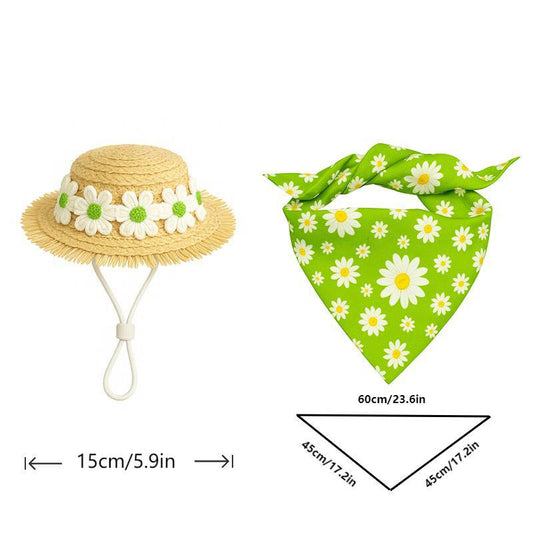 2 Sets Khaki and Green Daisy Delight Porch Goose & Small Pet Costume - 2 Summer Straw Hat & 2 Floral Bandana V888-ELOSUNG32003