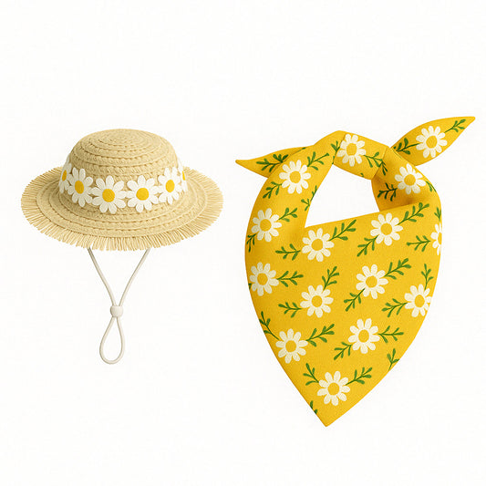 2 Sets Khaki and Yellow Daisy Delight Porch Goose & Small Pet Costume - 2 Summer Straw Hat & 2 Floral Bandana V888-ELOSUNG32004