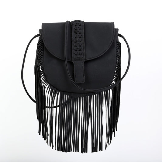 Black Chic Bohemian Fringe Crossbody Bag - Suede-Look PU Leather with Braided Detail & Adjustable Strap V888-ELOSUNG32008