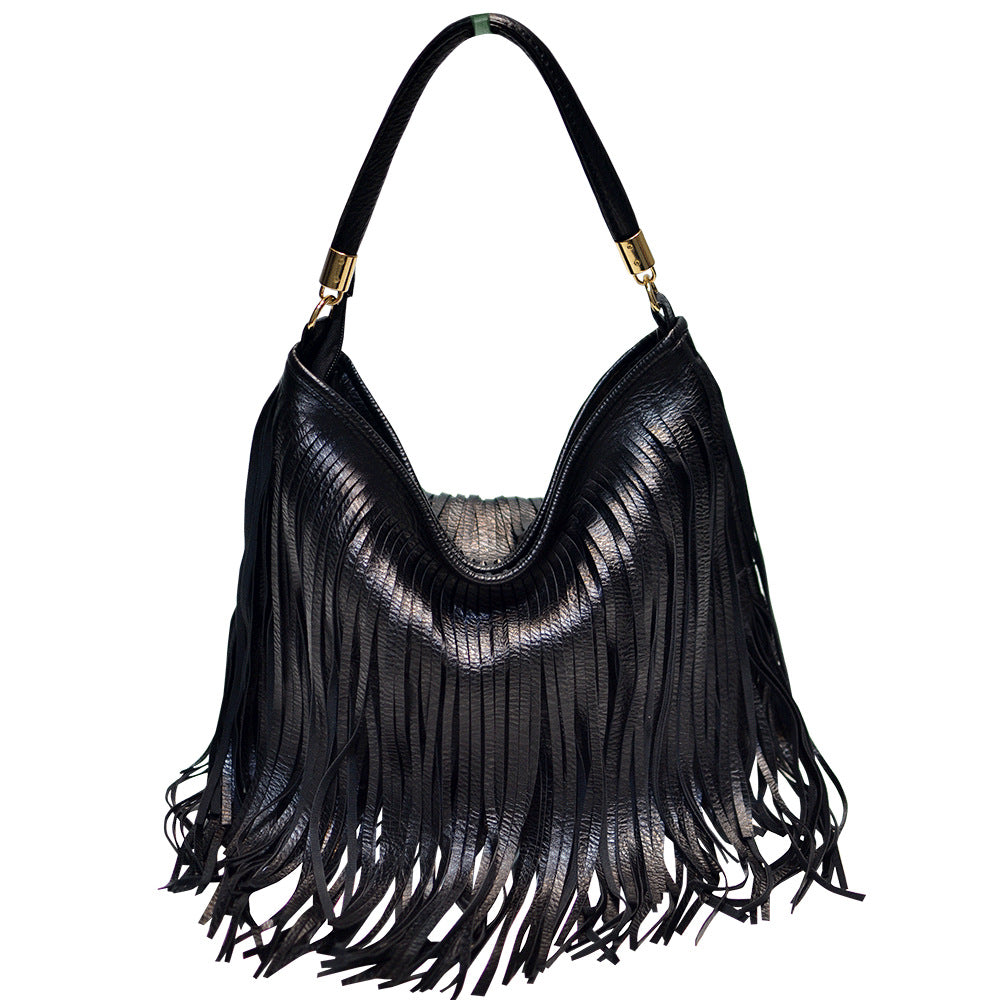 Chic Black Double Fringe Hobo Bag - Convertible Microfiber Leather Shoulder & Crossbody Purse V888-ELOSUNG32009